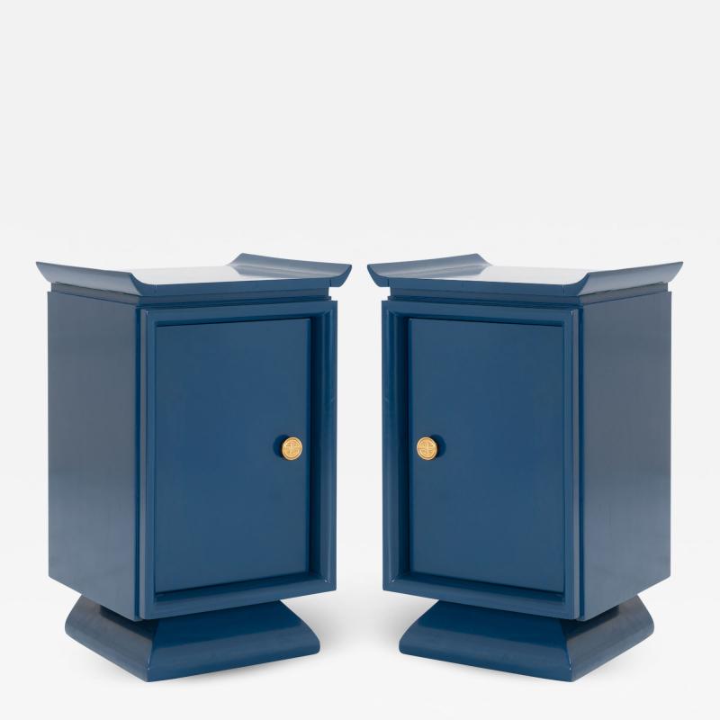 Asian Style Petite Nightstands with Brass Pulls in Marine Blue Lacquer Pair