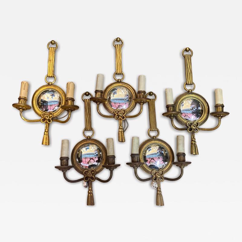 Atelier Petitot 1950 70 Serie of 5 Sconces in Gilted Bronze With Convex Mirror Petitot Signed