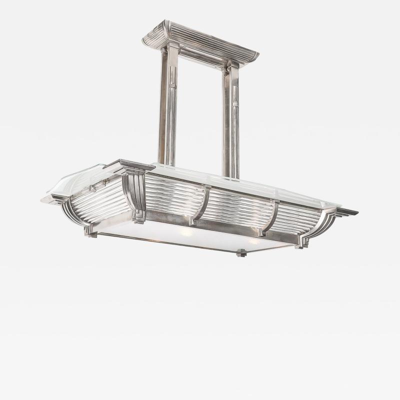 Atelier Petitot Art Deco Machine Age Silvered Bronze Frosted Glass Chandelier signed Petitot