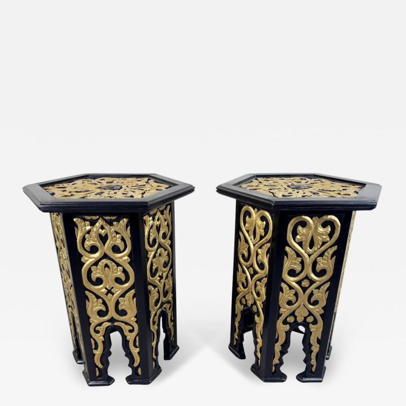 Atlas Showroom Hollywood Regency Moroccan Stye Side or End Table Black with Gold Design a Pair