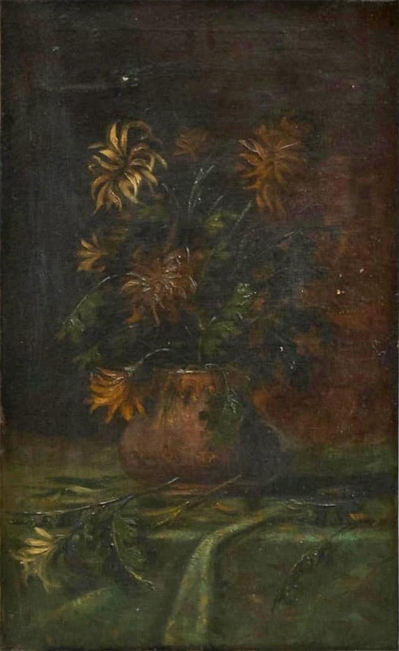 Atmospheric and Tonalist Bouquet Oil on Canvas Early 20th Century