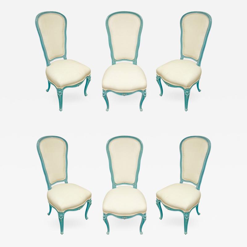 Auffray Furniture Set of 6 Chic Louis XV Blue Lacquer Dining Chairs 1970