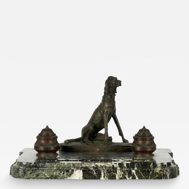 Auguste Cain Antique Auguste Nicholas Cain Bronze Marble Dog Sculpture Inkwell