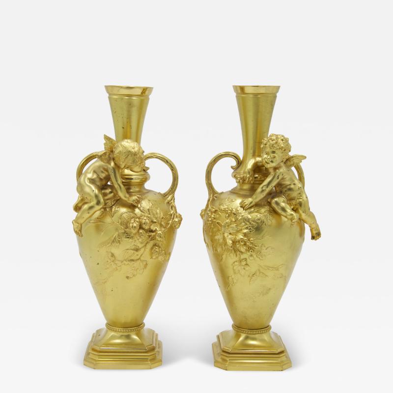 Auguste Moreau Pair of French Victorian Moreau Bronze Dore Vases