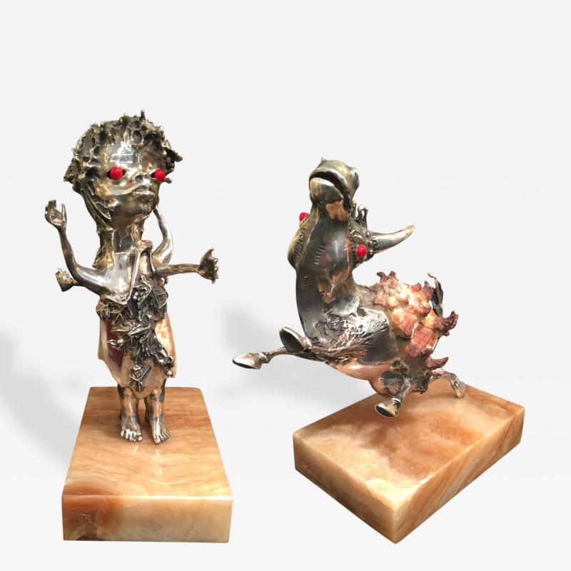 Aurelio Teno Pair of Teno Silver Sea Shell Red Stone Eye Zodiac Figures
