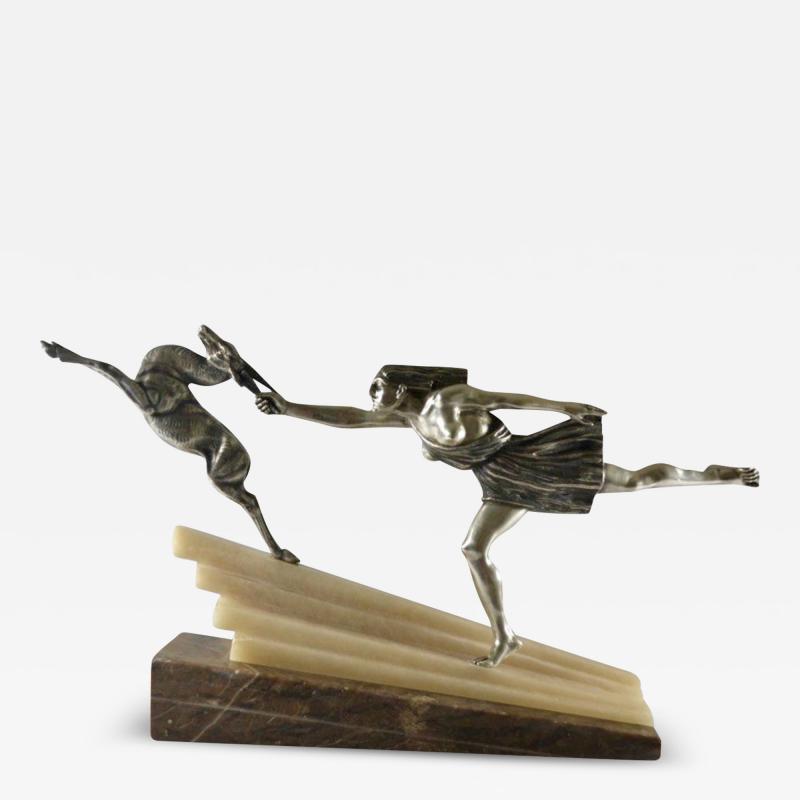 Aurore Onu Silvered Bronze Art Deco Statue by Aurore Onu Chasing the Hind 