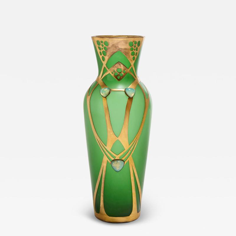 Austrian Art Nouveau Jugendstil gilt metal mounted green glass vase