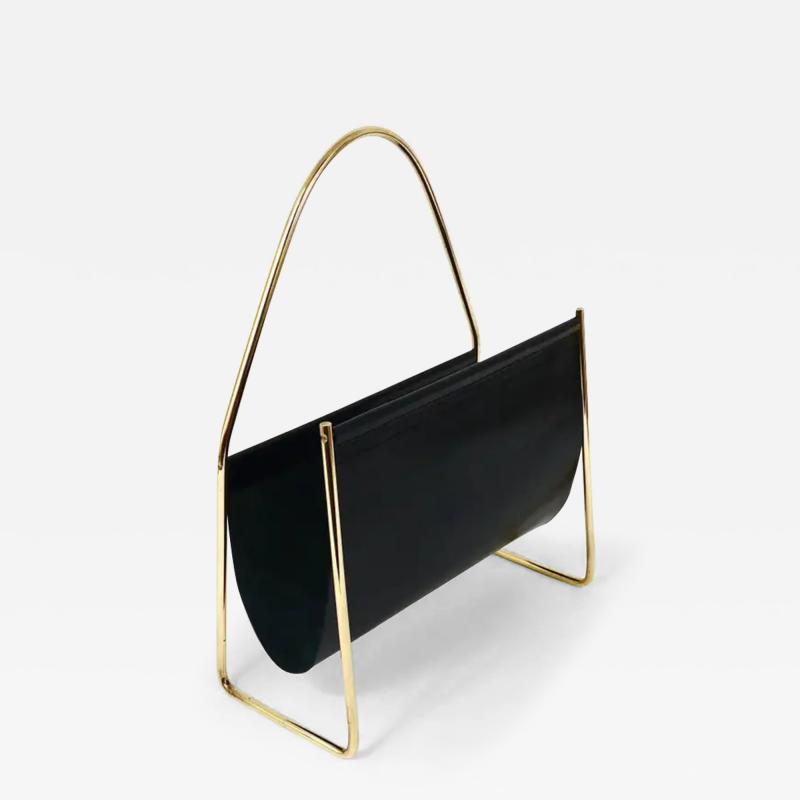 Austrian Modernist Midcentury Magazine Rack Brass and Black Leather