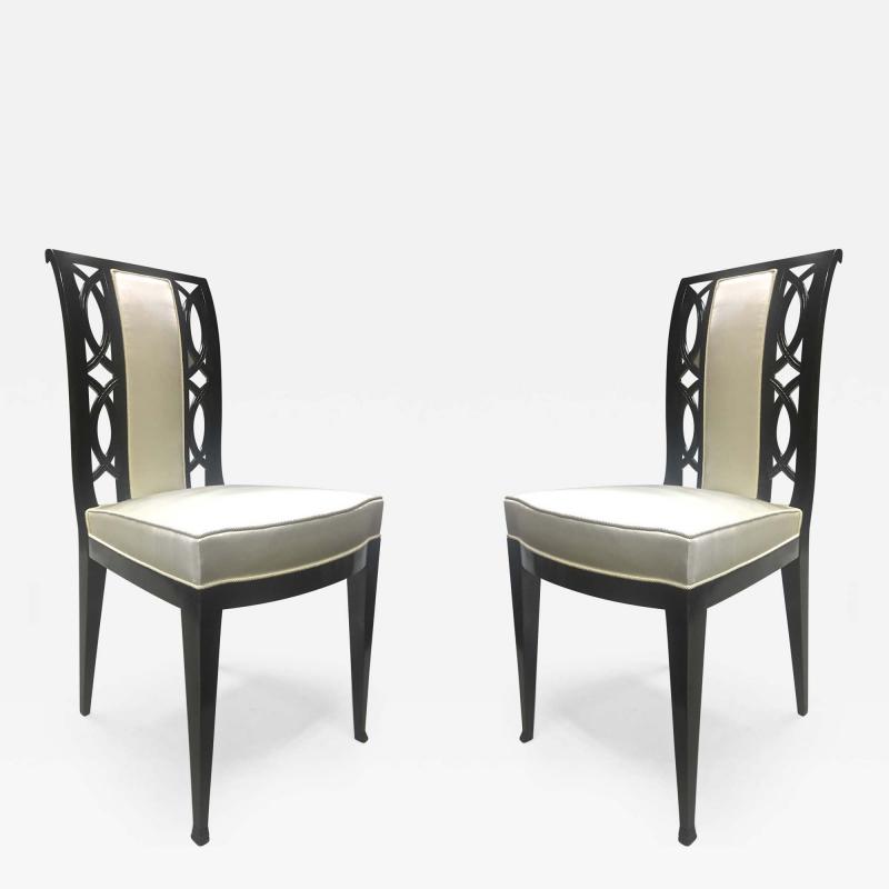 Austrian Refined Black Lacquered Chairs Covered in Silk