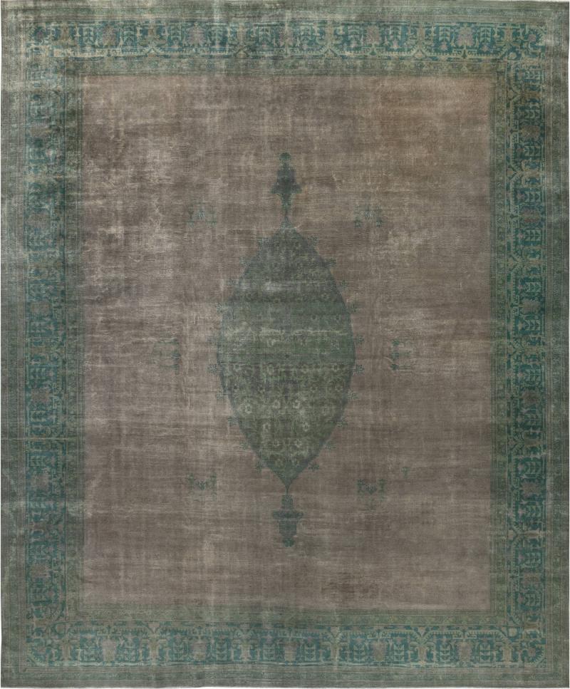 Authentic 1900s Large Antique Turkish Borlou Green Brown Handmade Wool Rug