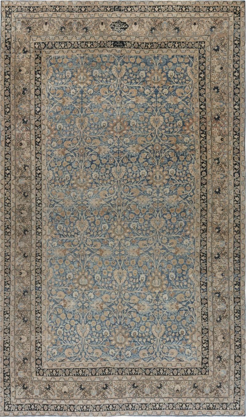 Authentic 1900s Persian Meshad Blue Handmade Wool Carpet