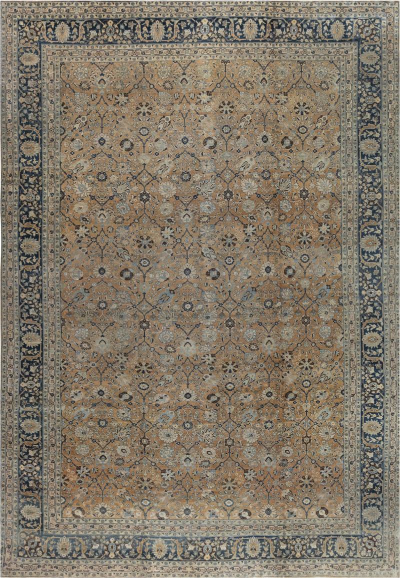 Authentic 1900s Persian Tabriz Blue Yellow Handmade Wool Rug