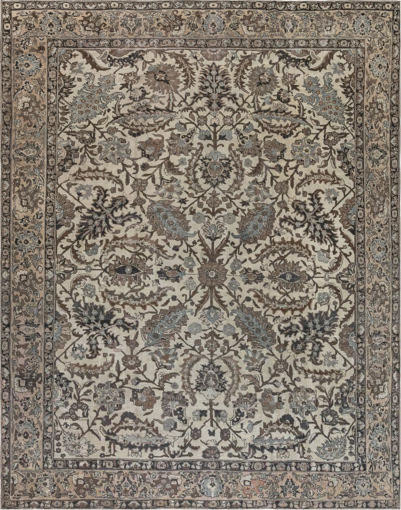 Authentic 1900s Tabriz Ivory Blue and Brown Handmade Wool Rug