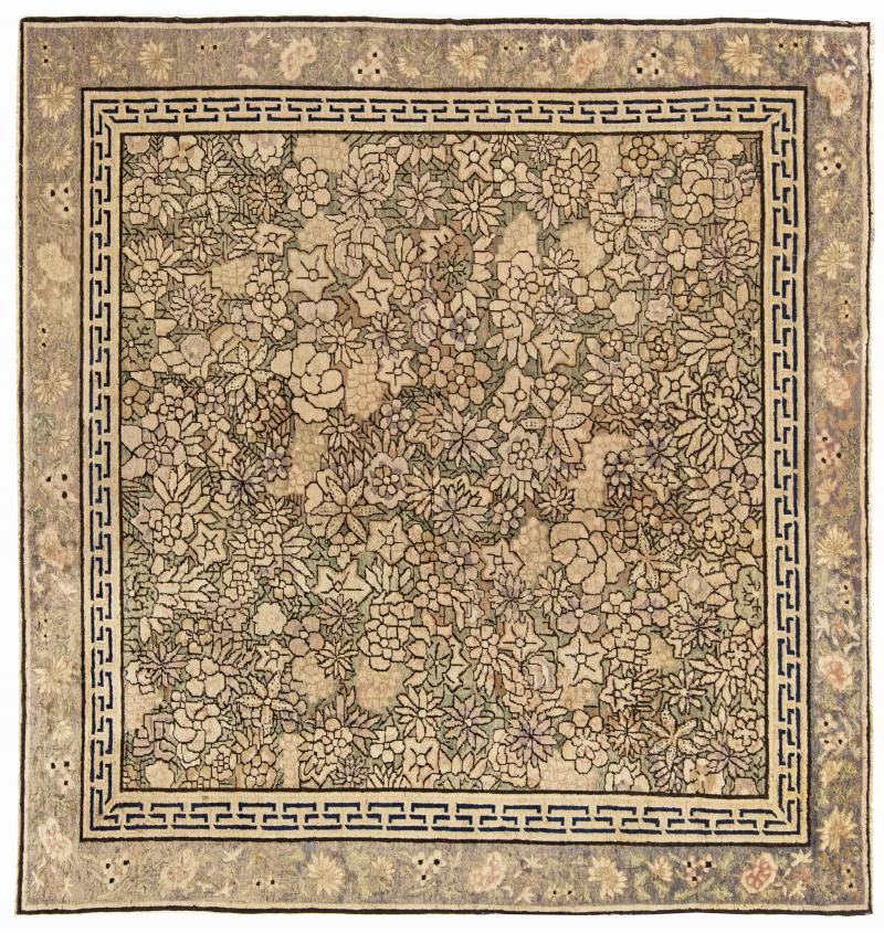 Authentic 19th Century Chinese Blue and Purple Handwoven Wool Carpet