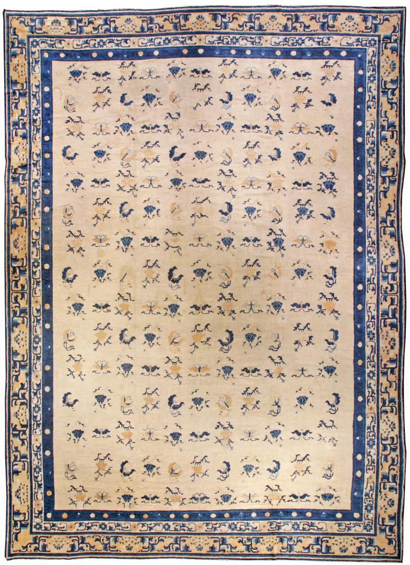 Authentic 19th Century Chinese Botanic Beige Blue Handmade Wool Carpet