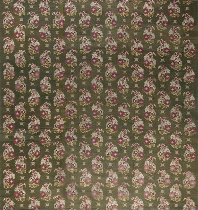 Authentic 19th Century French Aubusson Green Pink Handmade Rug