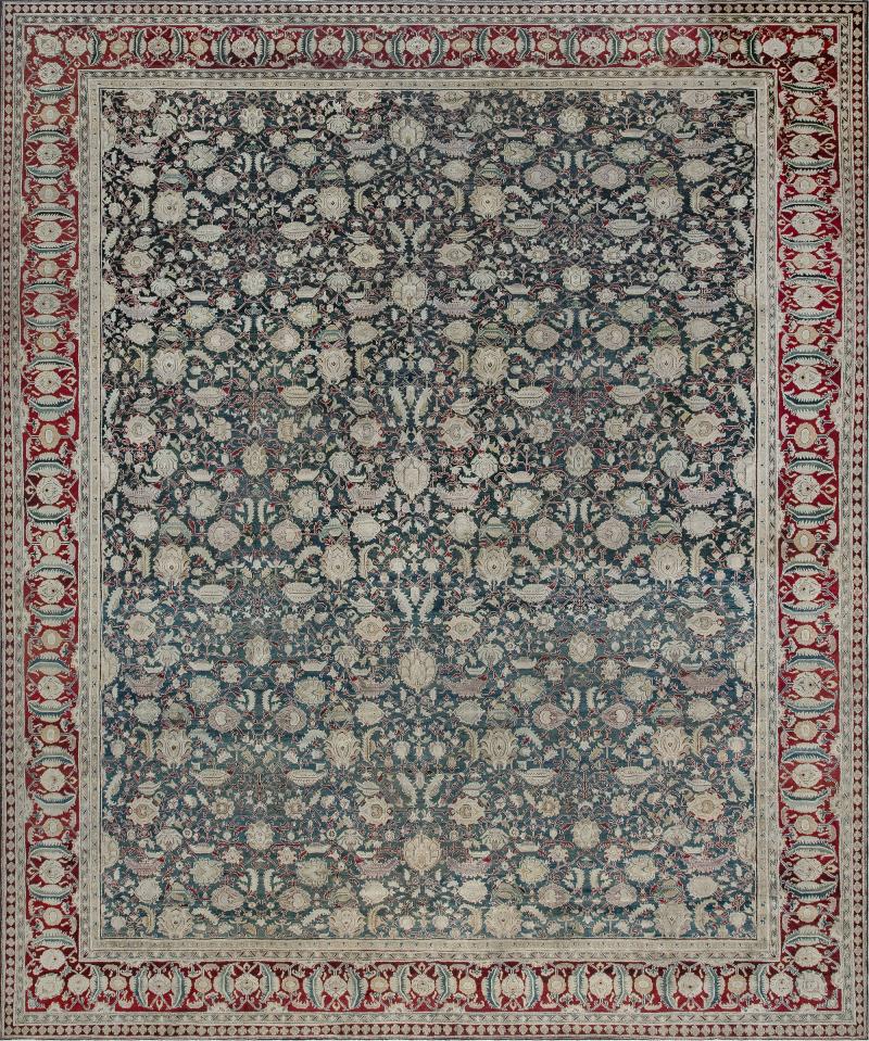 Authentic 19th Century Indian Agra Floral Green Red Handmade Wool Carpet