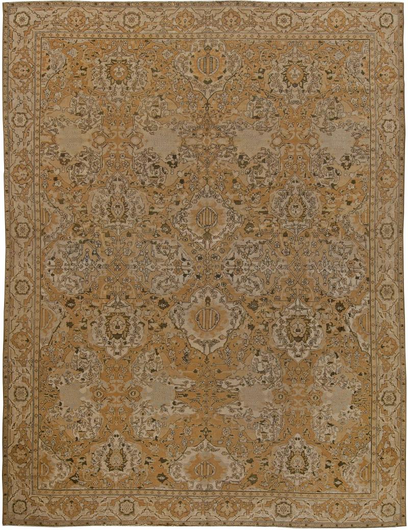 Authentic 19th Century Indian Amritsar Brown and Beige Handwoven Wool Rug