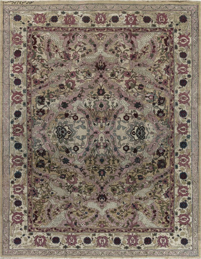 Authentic 19th Century Indian Amritsar Floral Design Pink Blue Green Wool Rug