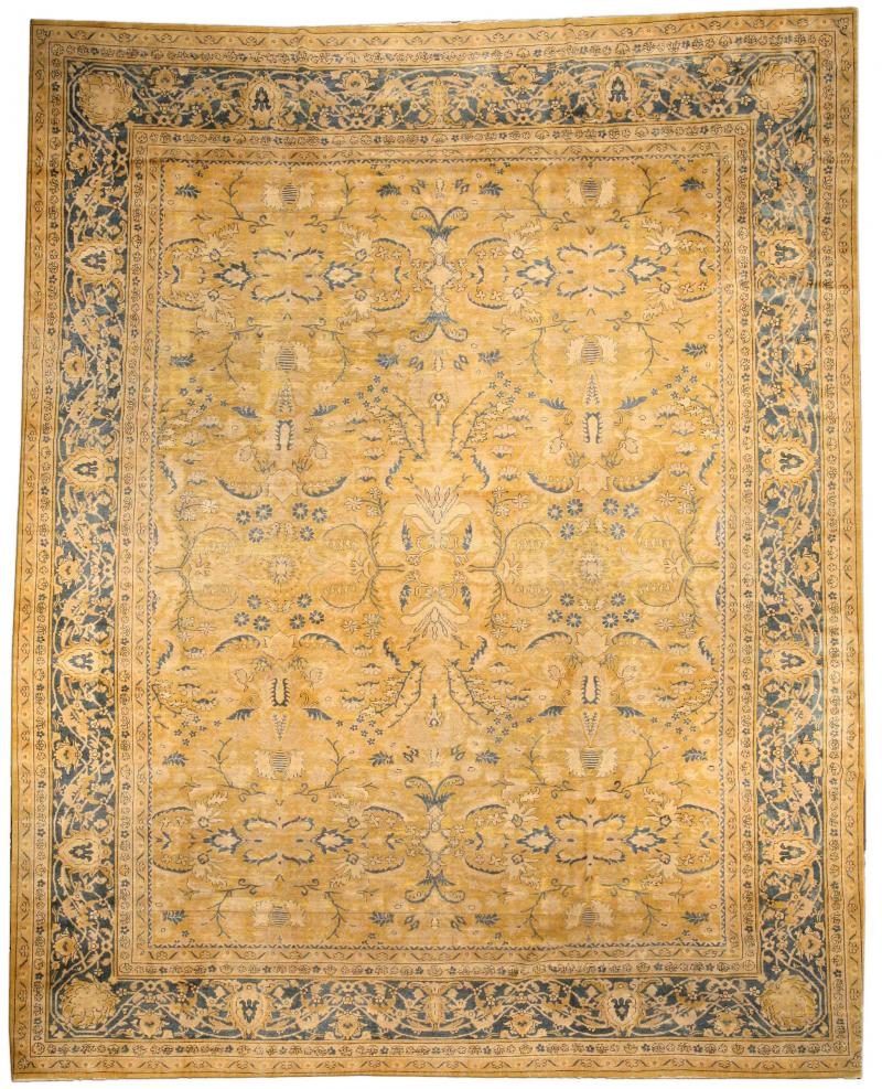 Authentic 19th Century Indian Yellow Beige Botanic Handmade Wool Rug
