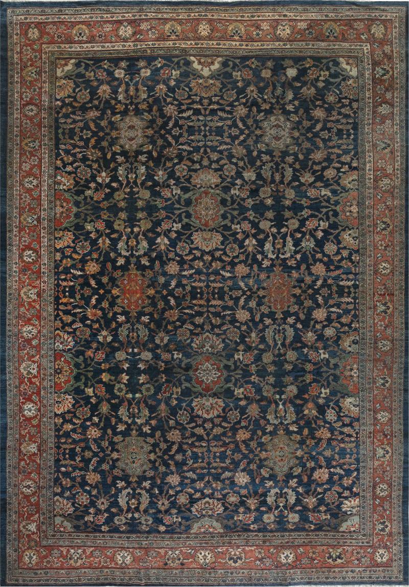 Authentic 19th Century Persian Sultanabad Blue Red Hand Knotted Wool Rug