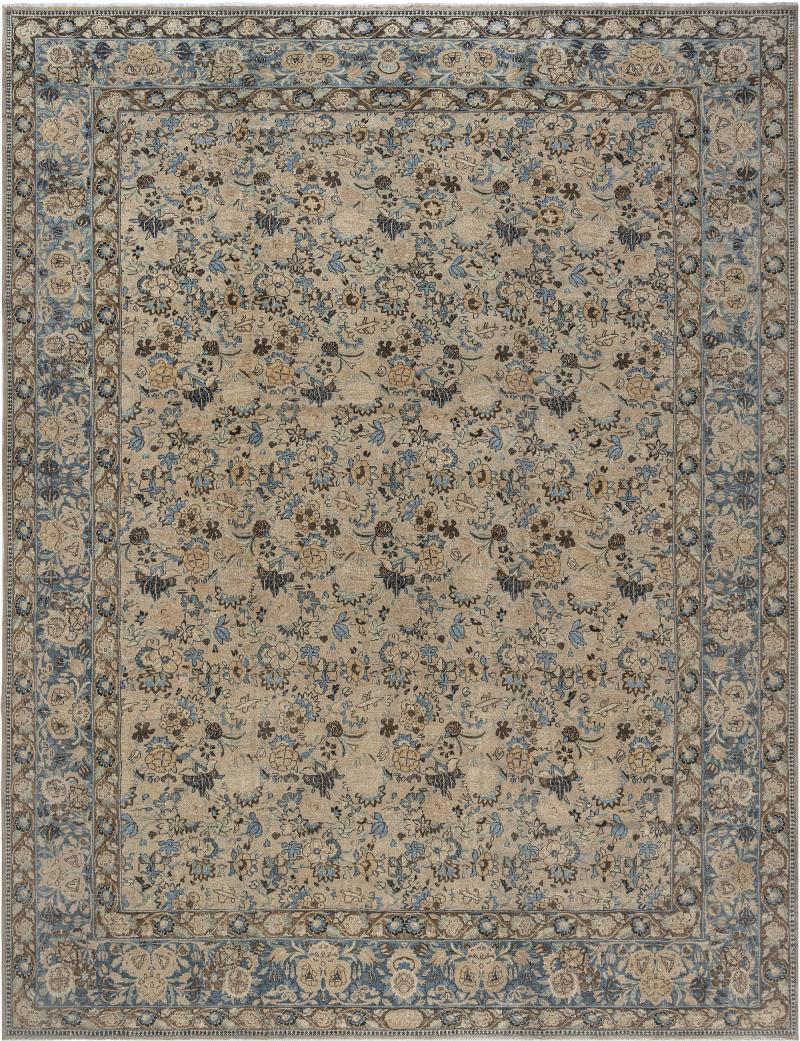 Authentic 19th Century Persian Tabriz Beige Blue Handmade Wool Carpet