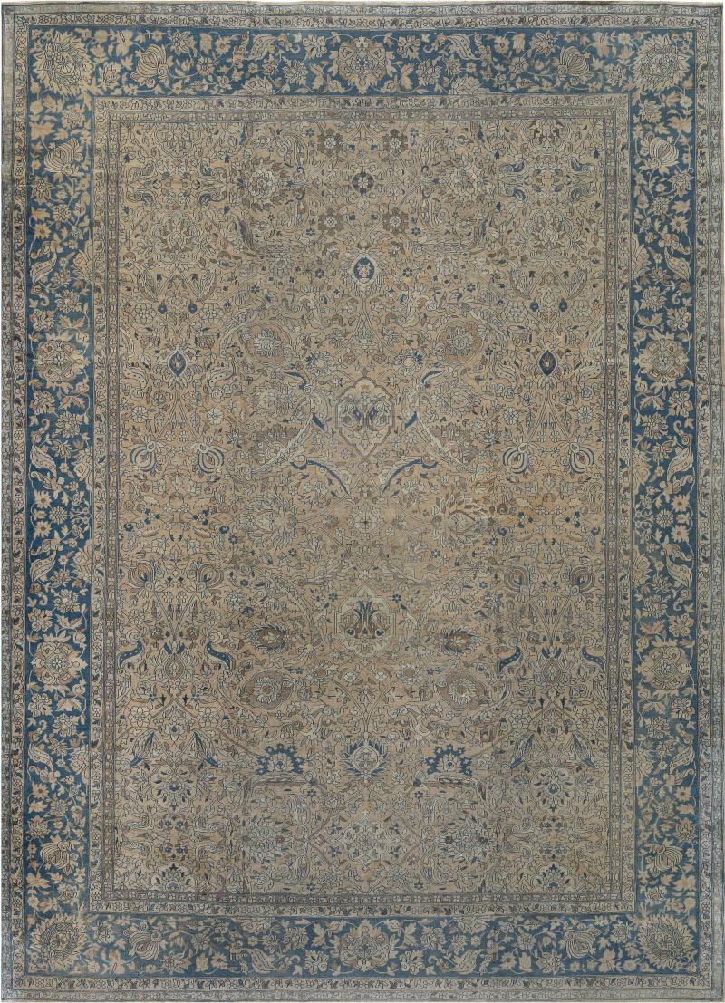 Authentic 19th Century Persian Tabriz Beige Brown Blue Handmade Wool Carpet