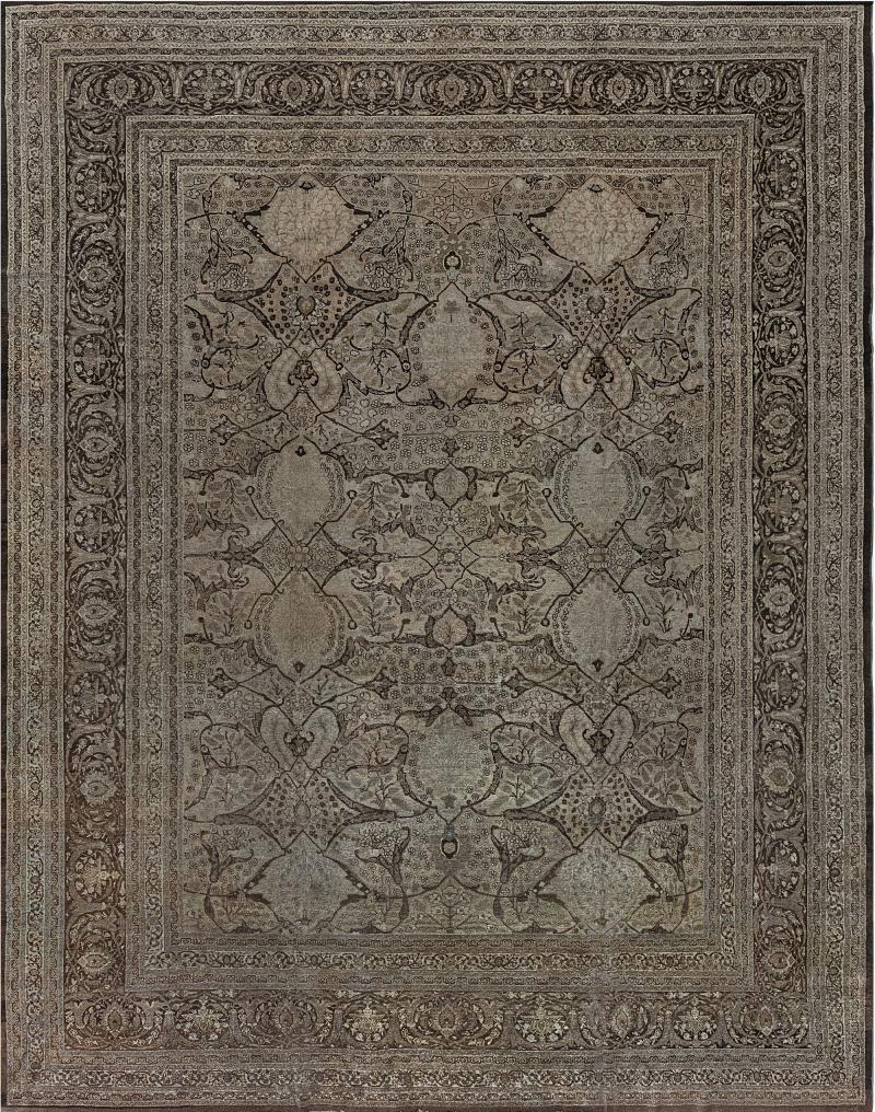 Authentic 19th Century Persian Tabriz Botanic Beige Brown Carpet