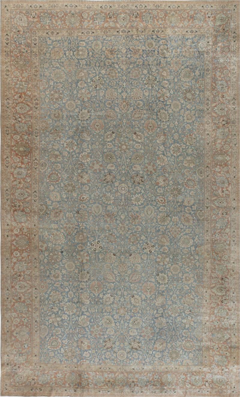 Authentic 19th Century Persian Tabriz Botanic Orange Grey Blue Handmade Carpet