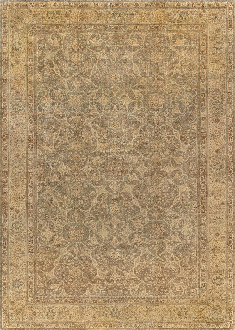 Authentic 19th Century Persian Tabriz Green Brown Botanic Carpet