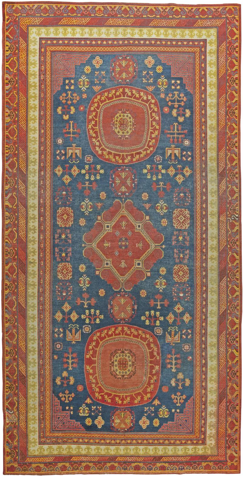 Authentic 19th Century Samarkand Red and Blue Handmade Wool Rug