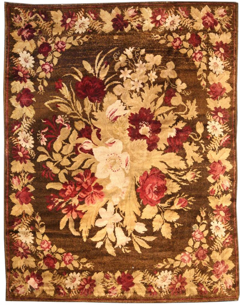 Authentic 19th Century Ukrainian Floral Brown Handwoven Wool Rug