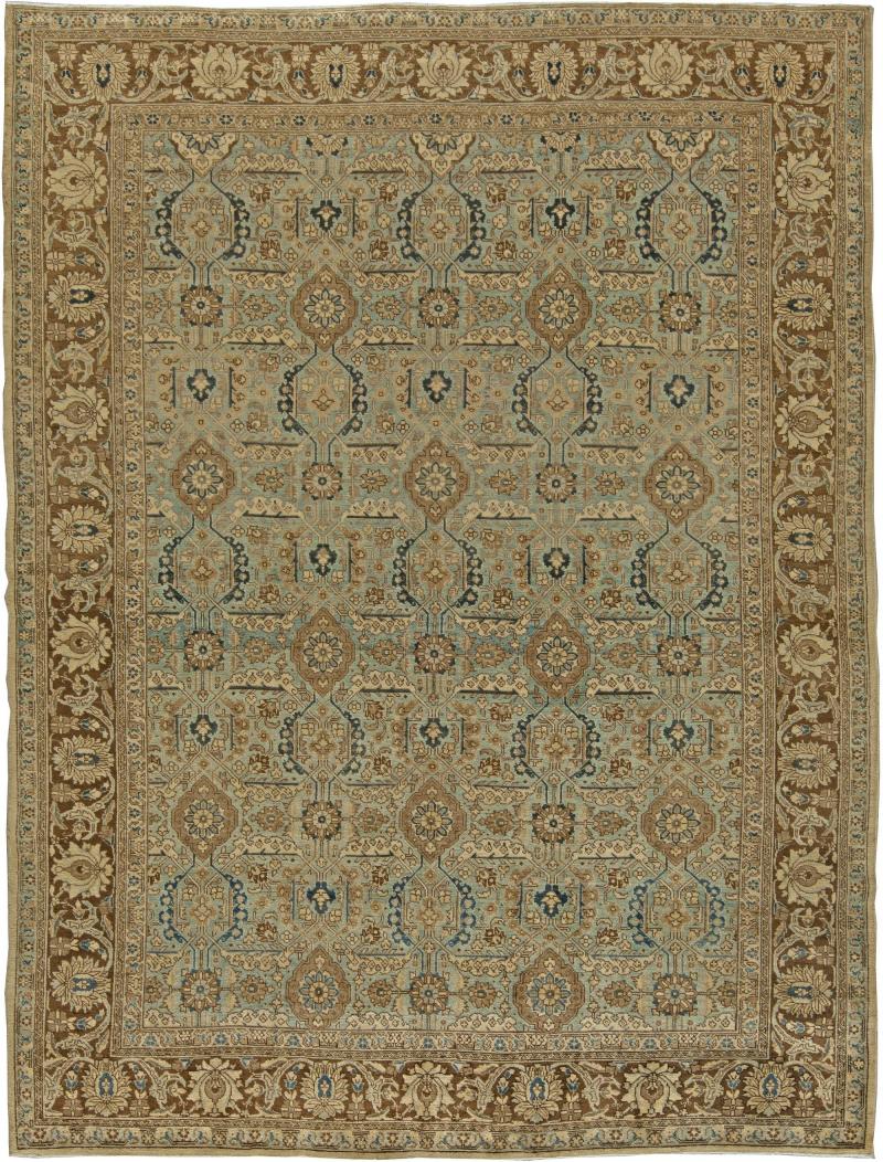 Authentic Early 20th Century Persian Tabriz Beige Brown Green Handmade Wool Rug