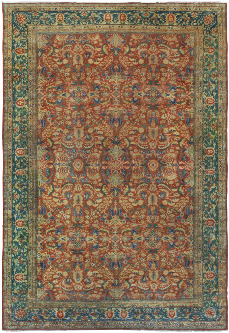 Authentic Indian Red Blue Botanic Handmade Wool Rug