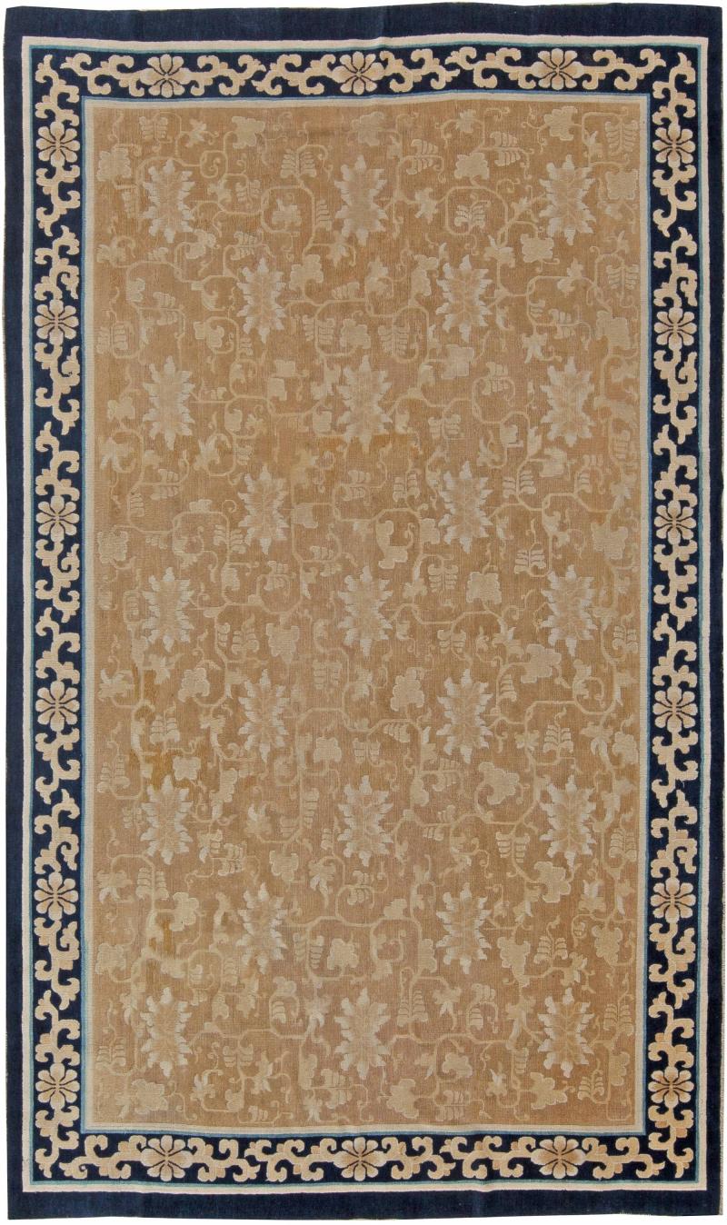 Authentic Mid 19th Century Chinese Beige and Dark Blue Handwoven Wool Rug