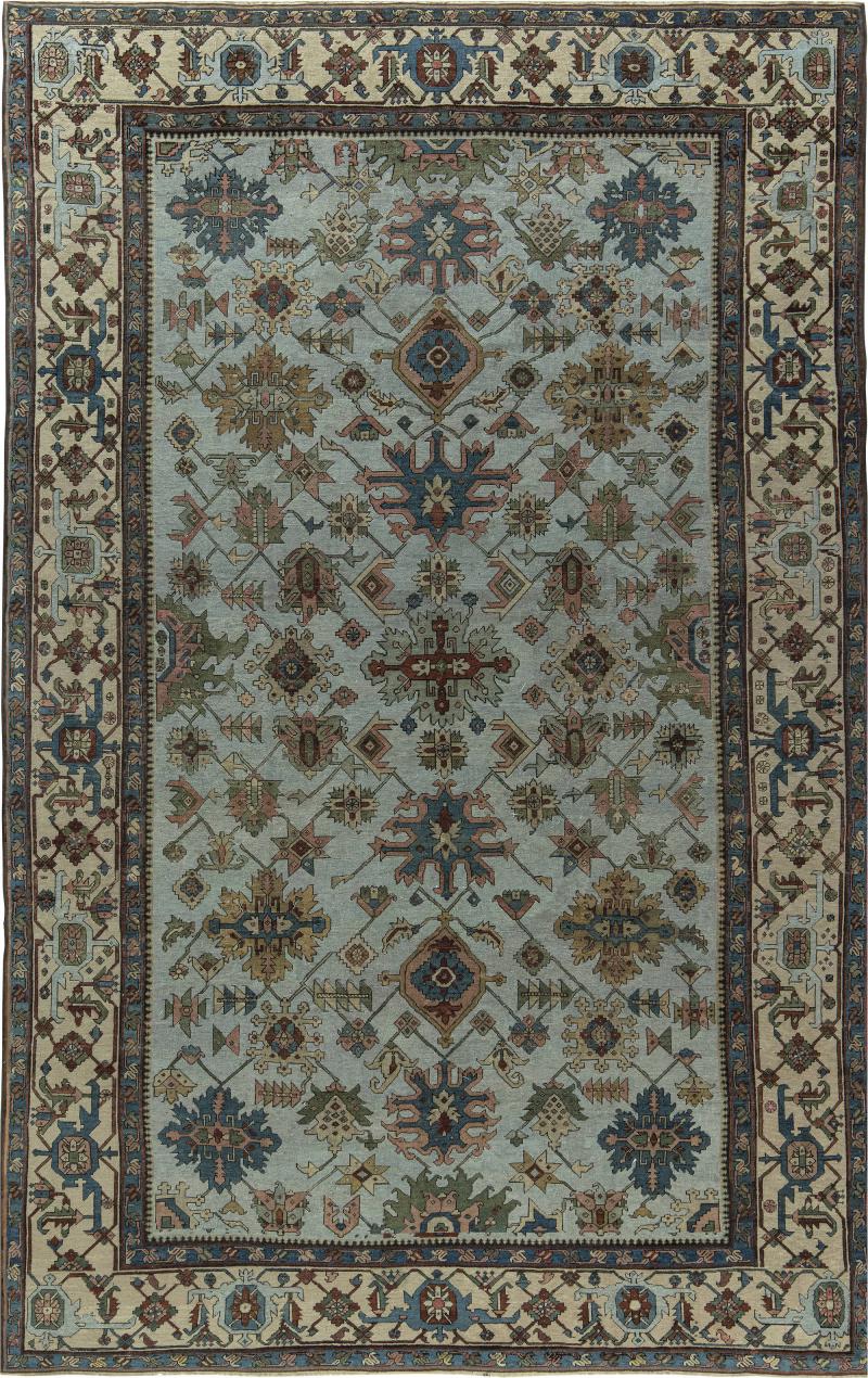Authentic Persian Heriz Rug in Beige Blue Brown Green and Red