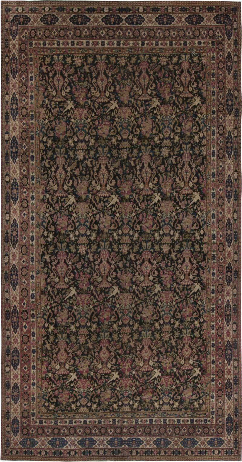 Authentic Persian Kirman Botanic Pink Blue Beige Handmade Wool Carpet