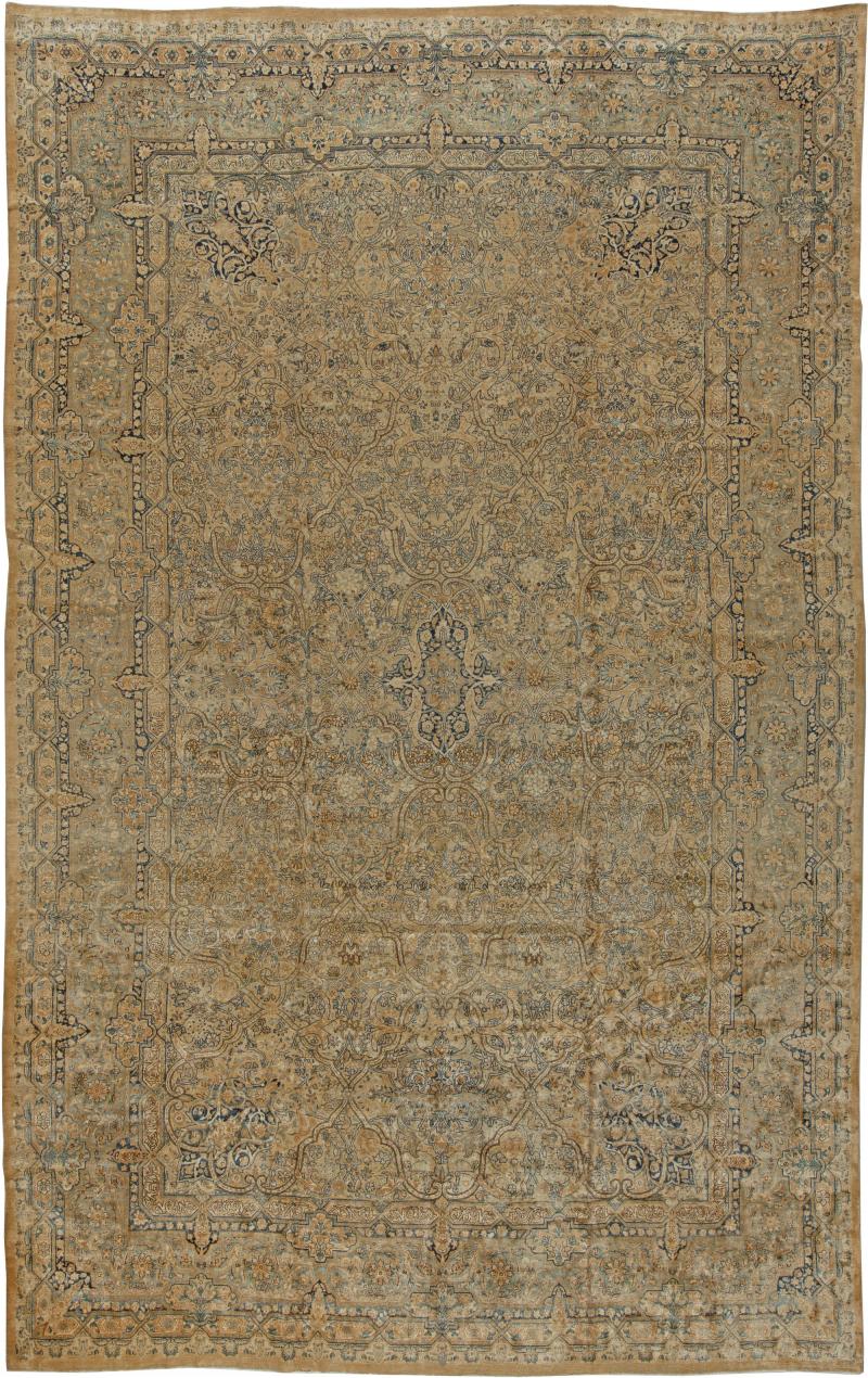 Authentic Persian Kirman Yellow Green Blue Handmade Wool Rug