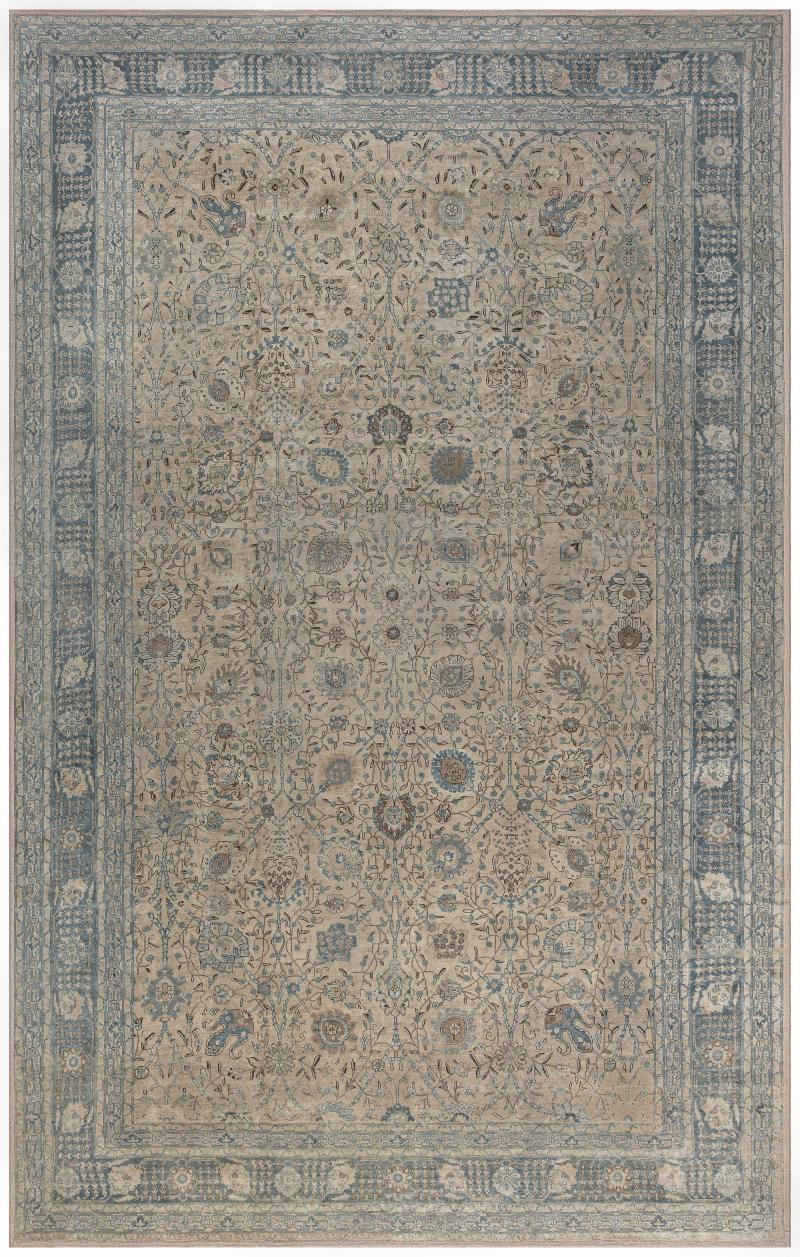 Authentic Persian Tabriz Beige Green Handmade Wool Rug