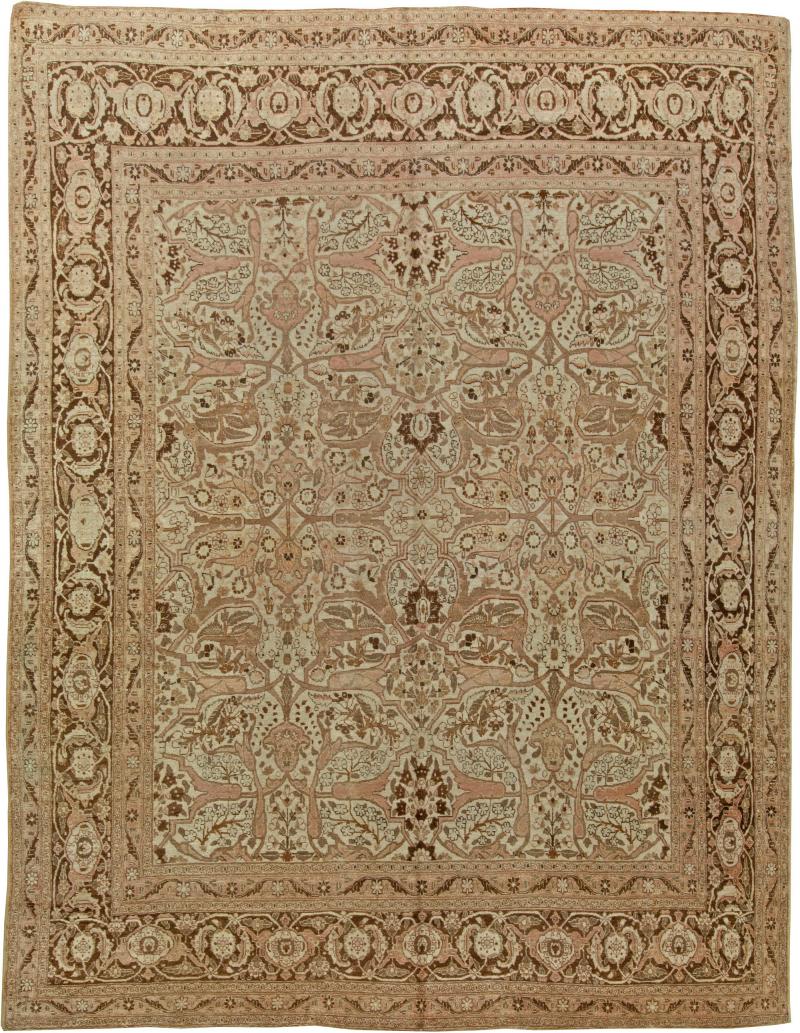 Authentic Persian Tabriz Brown Handmade Wool Rug