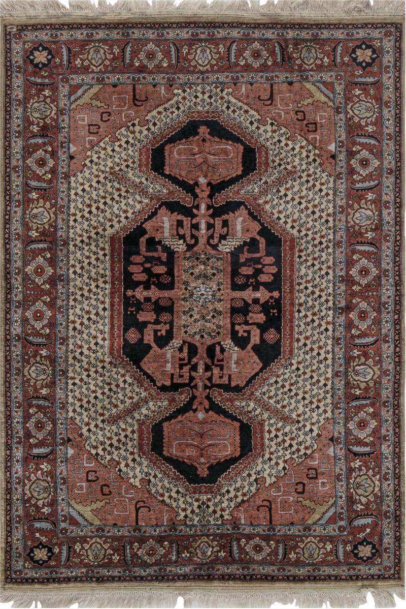 Authentic Persian Tabriz Handmade Silk Rug in Beige Blue and Red