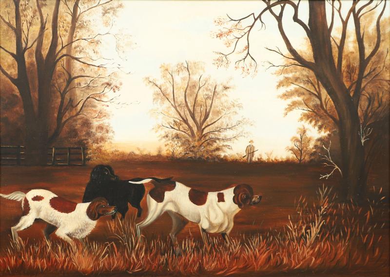 Autumn Wood with Dogs and Hunter