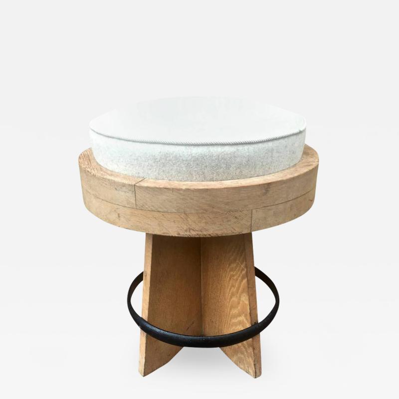 Awesome Modernist Round Stool in Oak Newly Covered with an Iron Circle