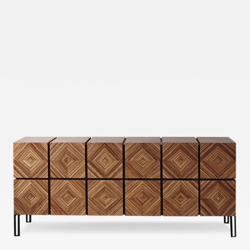 Aymeric Lefort Buffet Losange Three Doors in Zebrano and Black Metal Legs