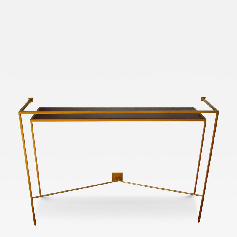 Aymeric Lefort Console in Gold Bronze Brass Patina with One Walnut Shelve by Aymeric Lefort