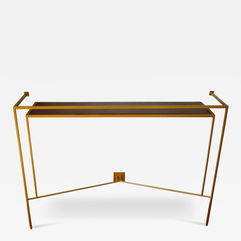 Aymeric Lefort Console in Gold Bronze Brass Patina with One Walnut Shelve by Aymeric Lefort