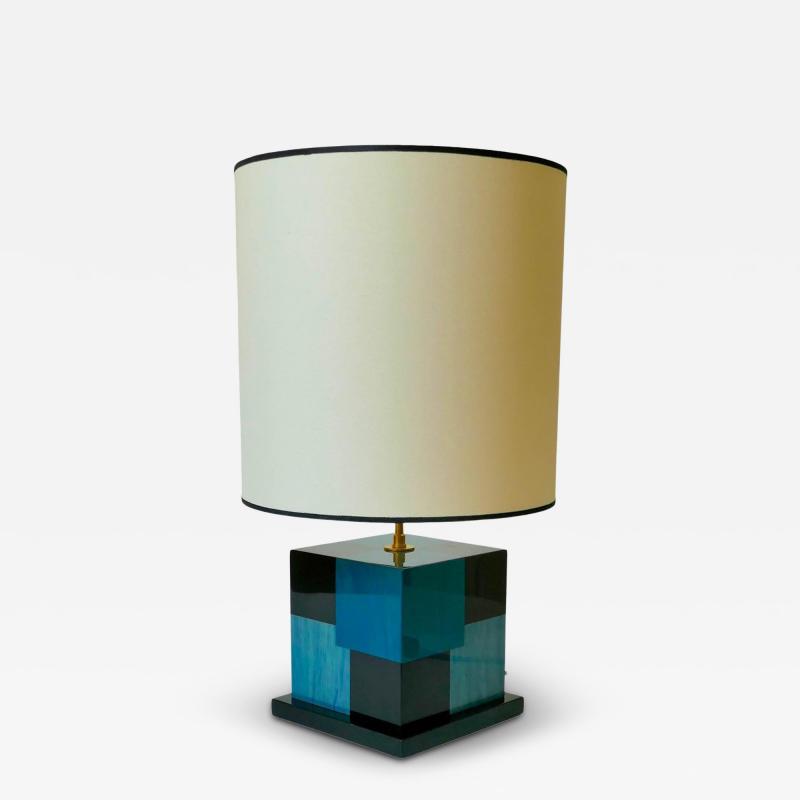 Aymeric Lefort New Black and Blue Table Lamp in Wood Marquetry by Aymeric Lefort