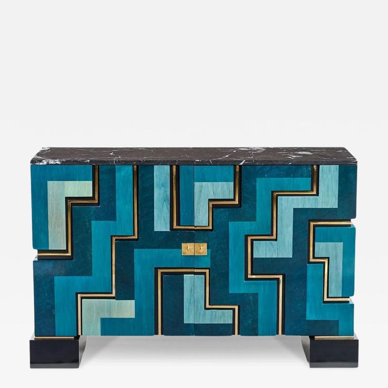 Aymeric Lefort New Blue wood Marquetry Buffet Black Marble and Bronze Filets