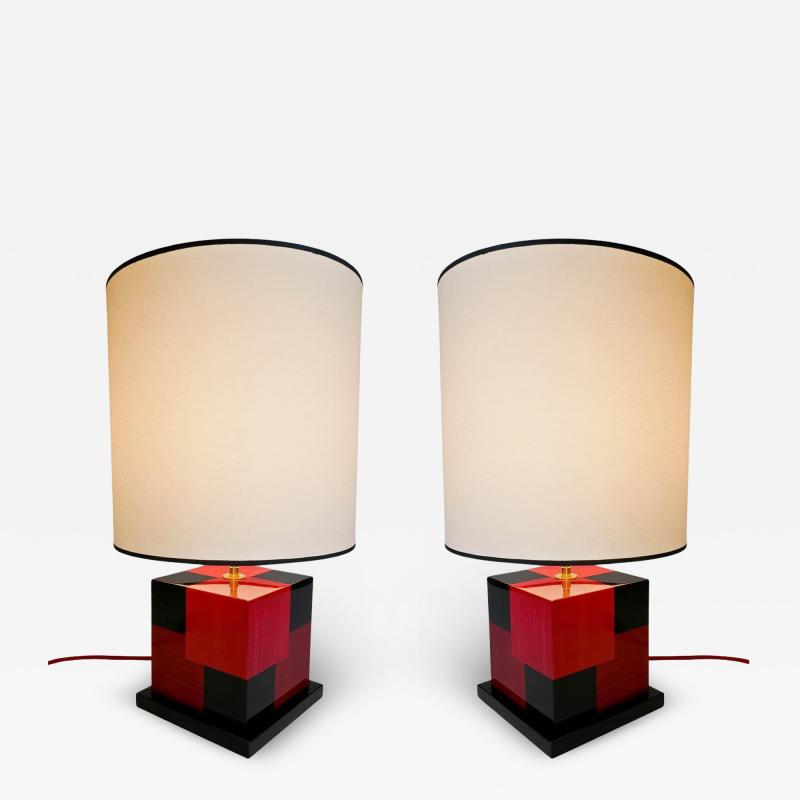Aymeric Lefort New Pair of Table Lamps in Tinted Red and Black Marquetery by Aymeric Lefort