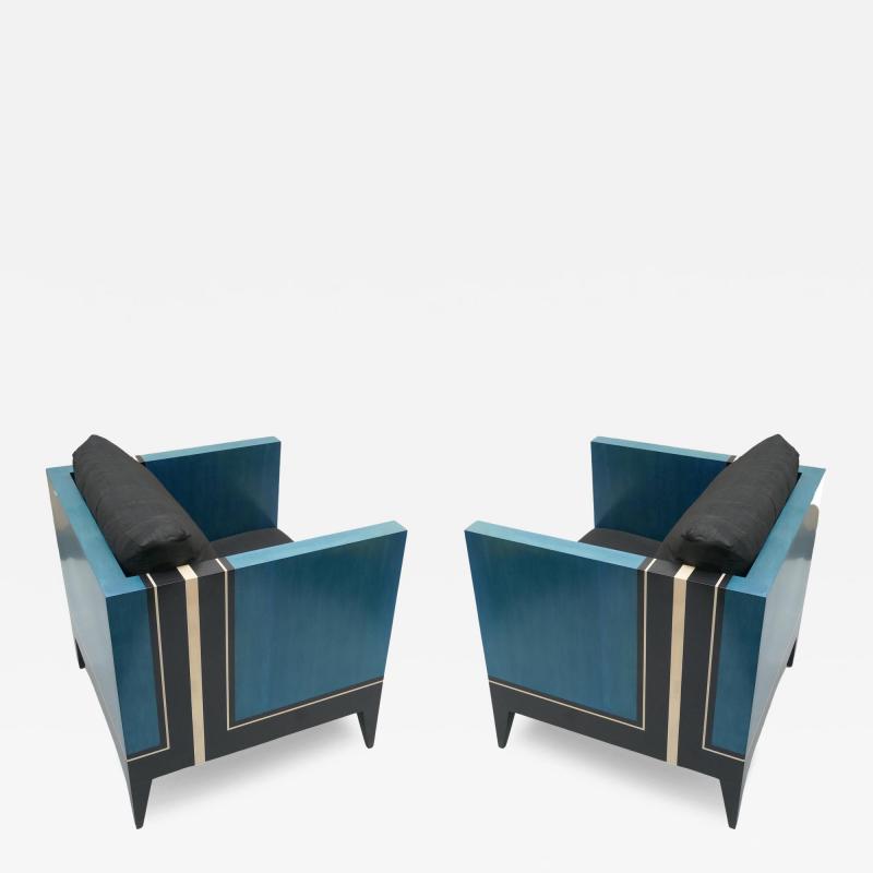 Aymeric Lefort Pair of Blue Marquetry Armairs Cube by Aymeric Lefort